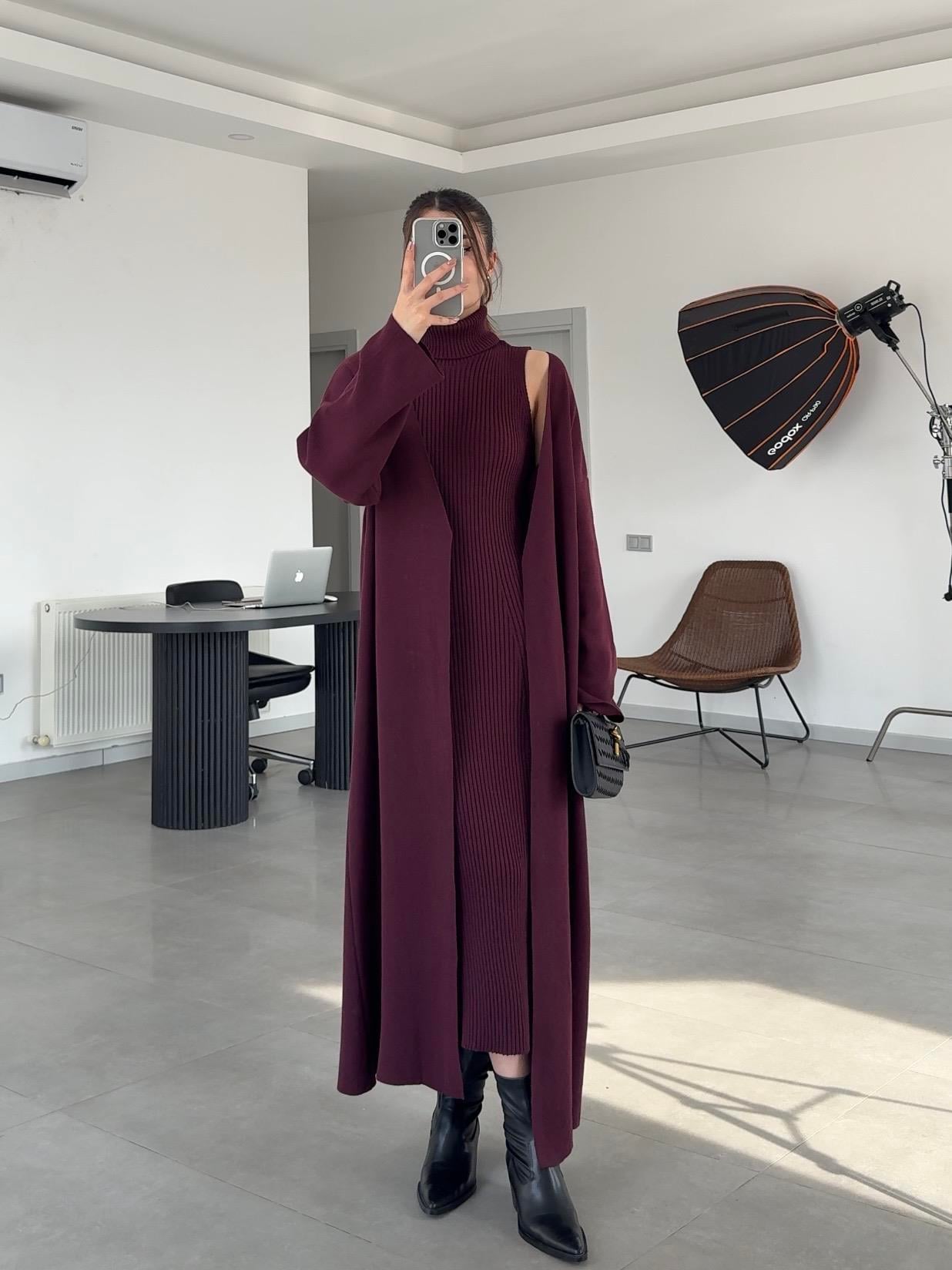 BOĞAZLI ELBİSE/ HIRKA TRİKO TAKIM- Bordo