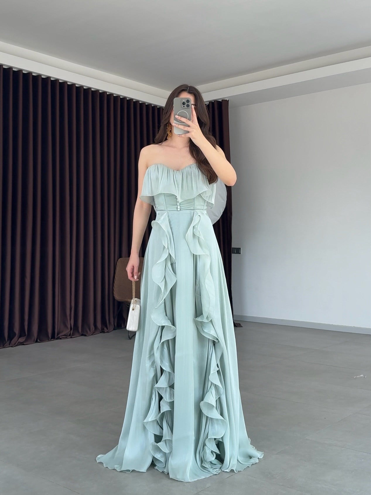 Butterfly Straplez Volanlı Yırtmaç Detay Şifon Su Yeşili Uzun Abiye