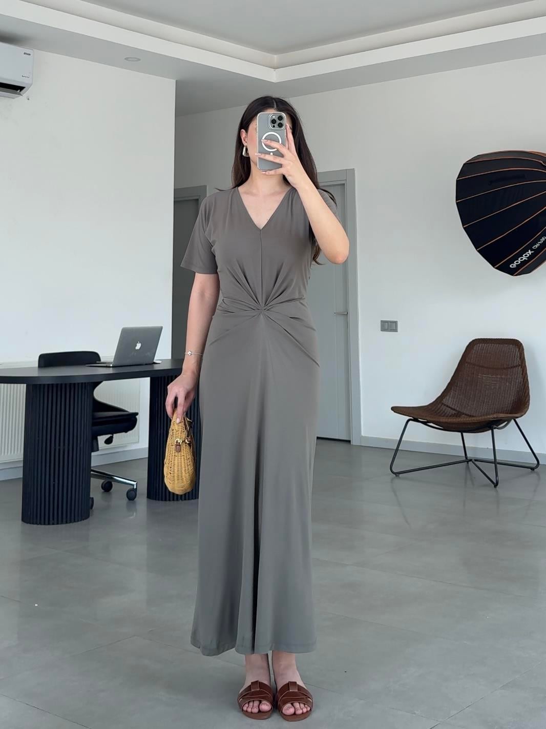 DÜĞÜM DETAYLI MODAL ELBİSE- Haki