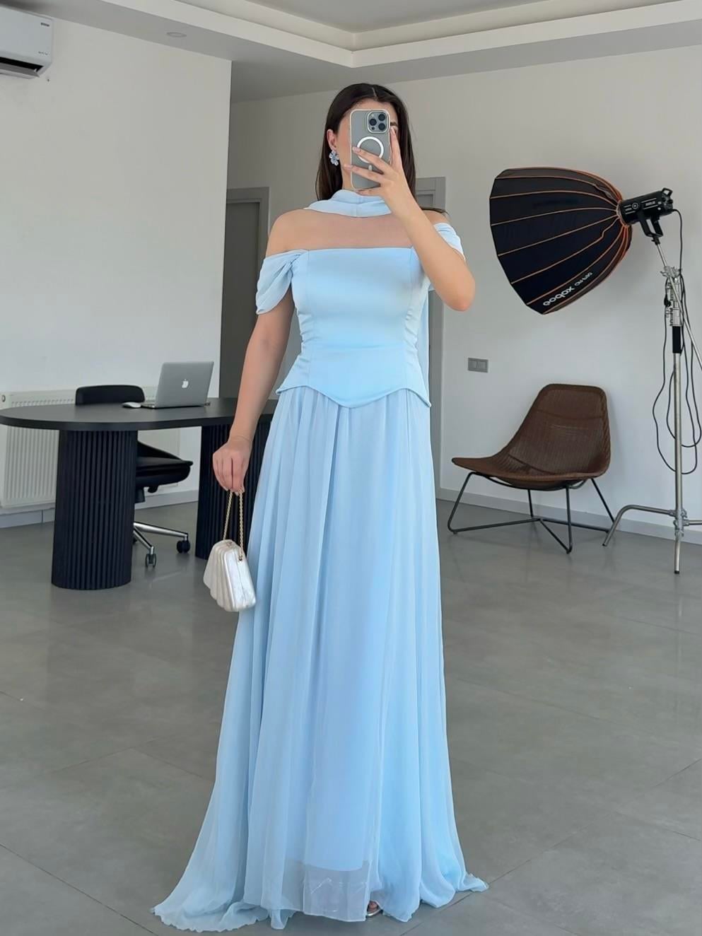 KATY ŞALLI MAXİ ELBİSE-Bebe Mavi