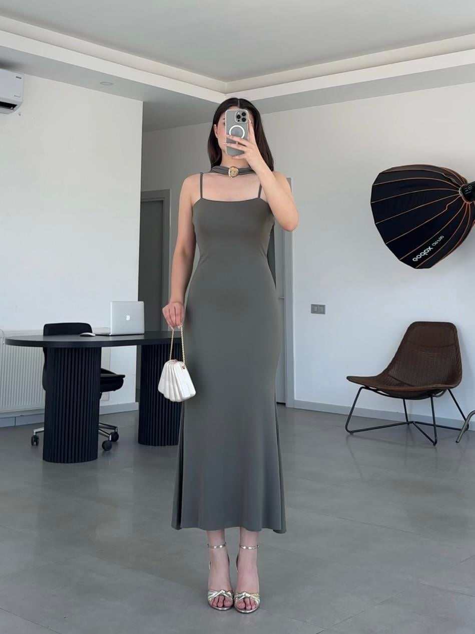 İNCE ASKILI ŞALLI ELBİSE- Haki