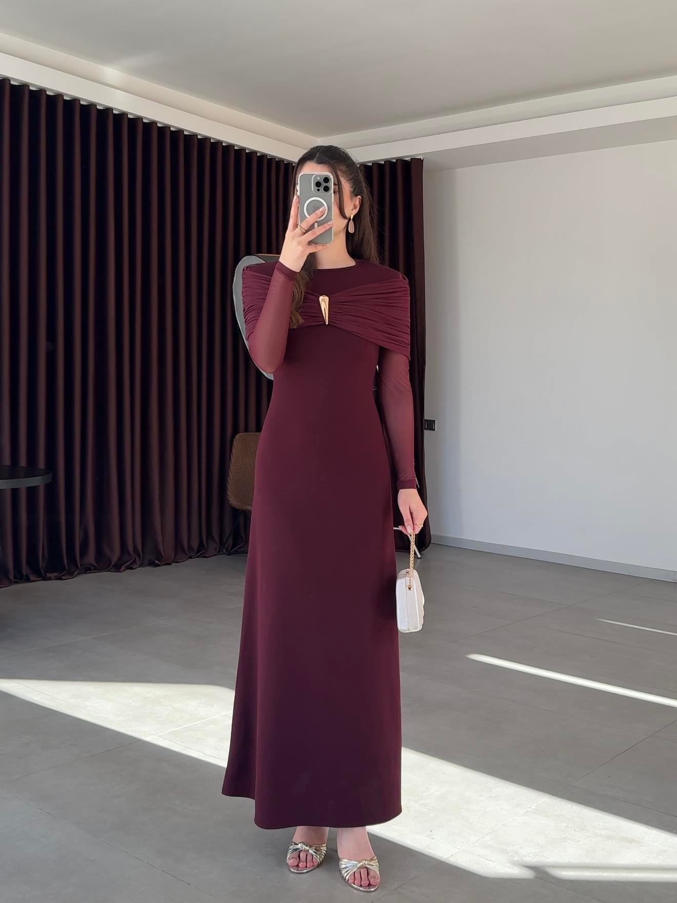 Amelia Tül Kol Aksesuarlı Elbise- Mürdüm