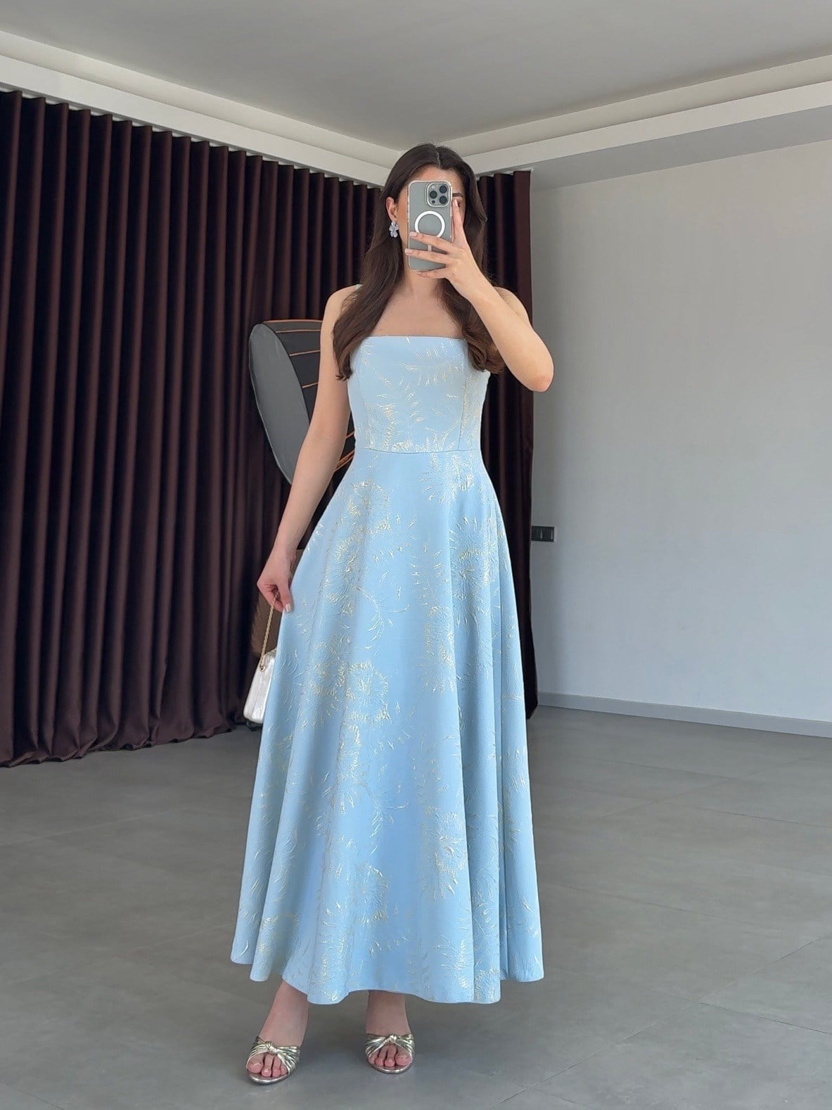 Rose Nakışlı Elbise- Mavi