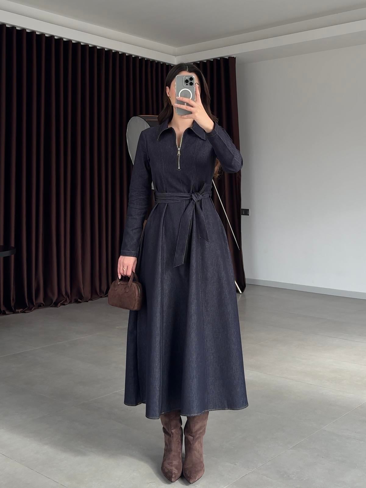 Lacivert Kuşaklı Denim Elbise 