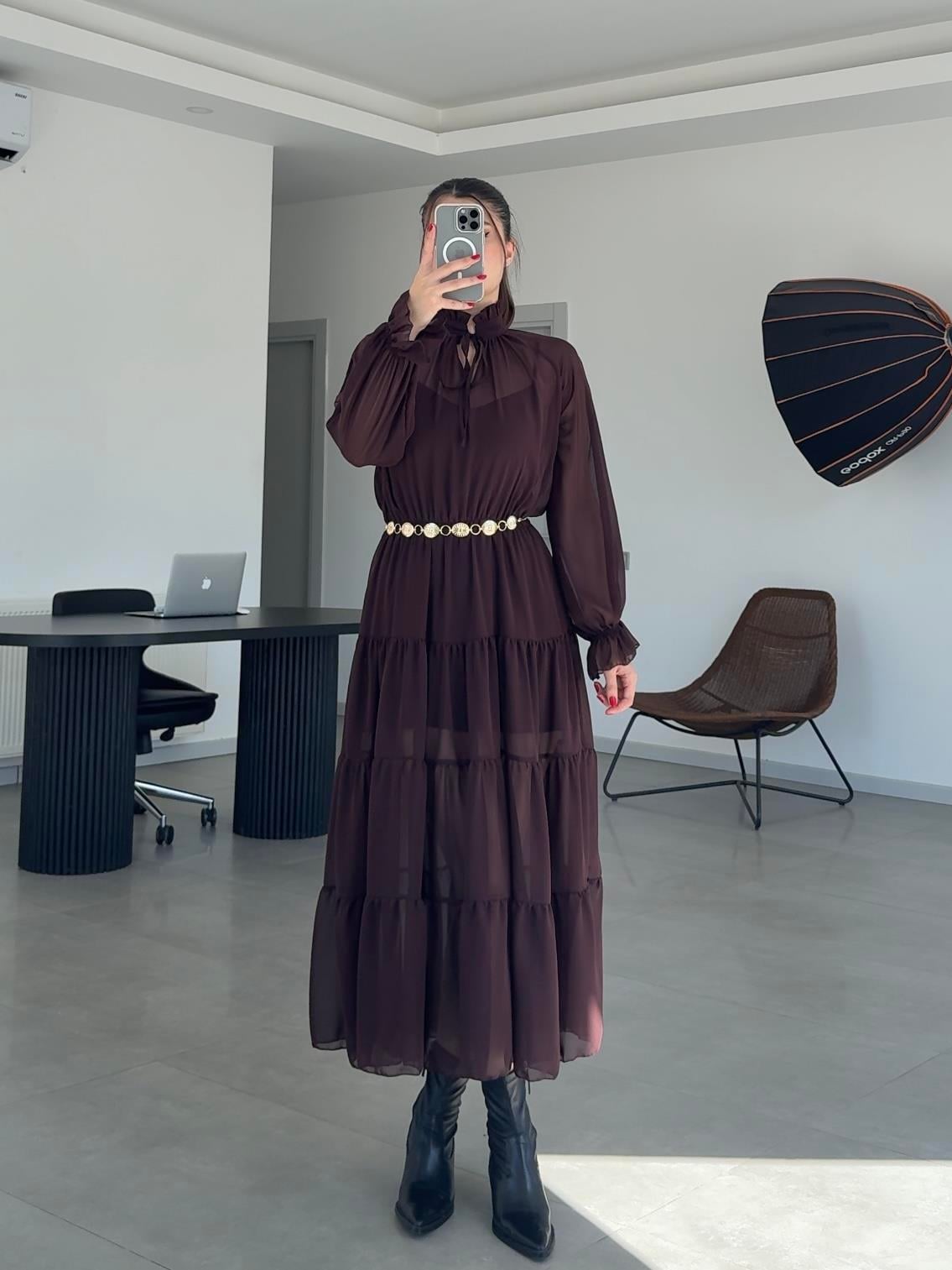 ŞİFON ASTARLI ELBİSE- Kahverengi 