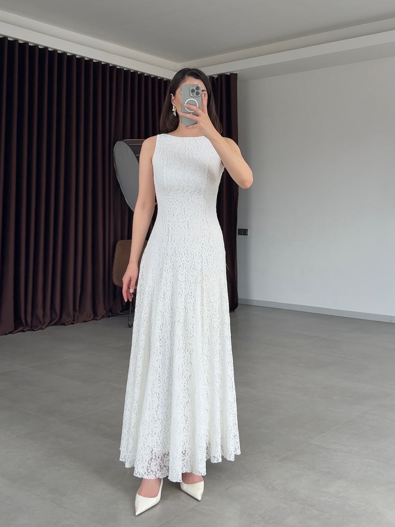 Swer Dantelli Midi Elbise-Beyaz