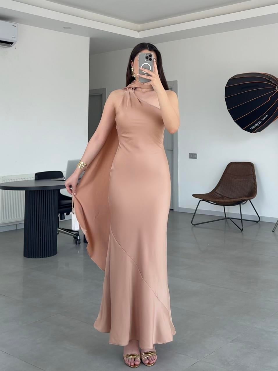 SATEN KUMAŞ ASTARLI ŞALLI ELBİSE-Somon