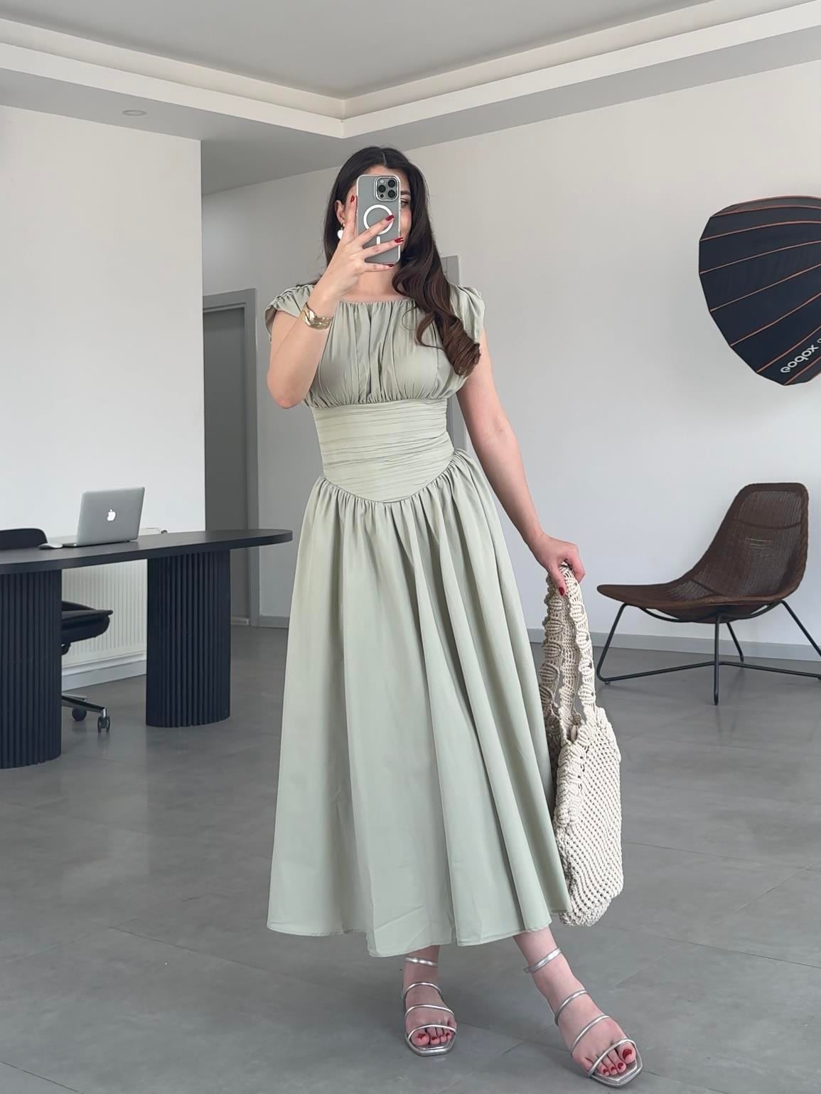 HOLLY VINTAGE ESİNTİLİ ELBİSE- Mint Yeşili