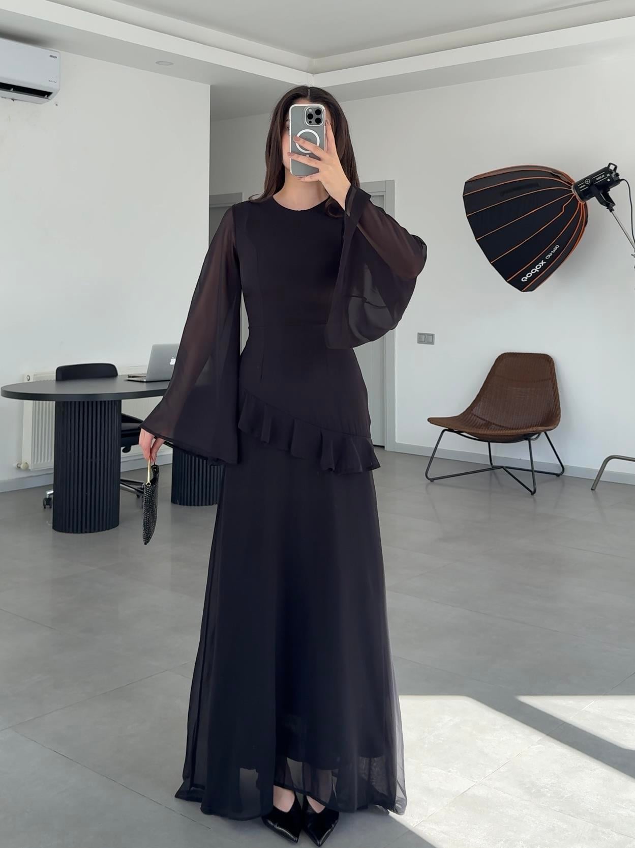 HALO SİYAH ŞİFON ELBİSE