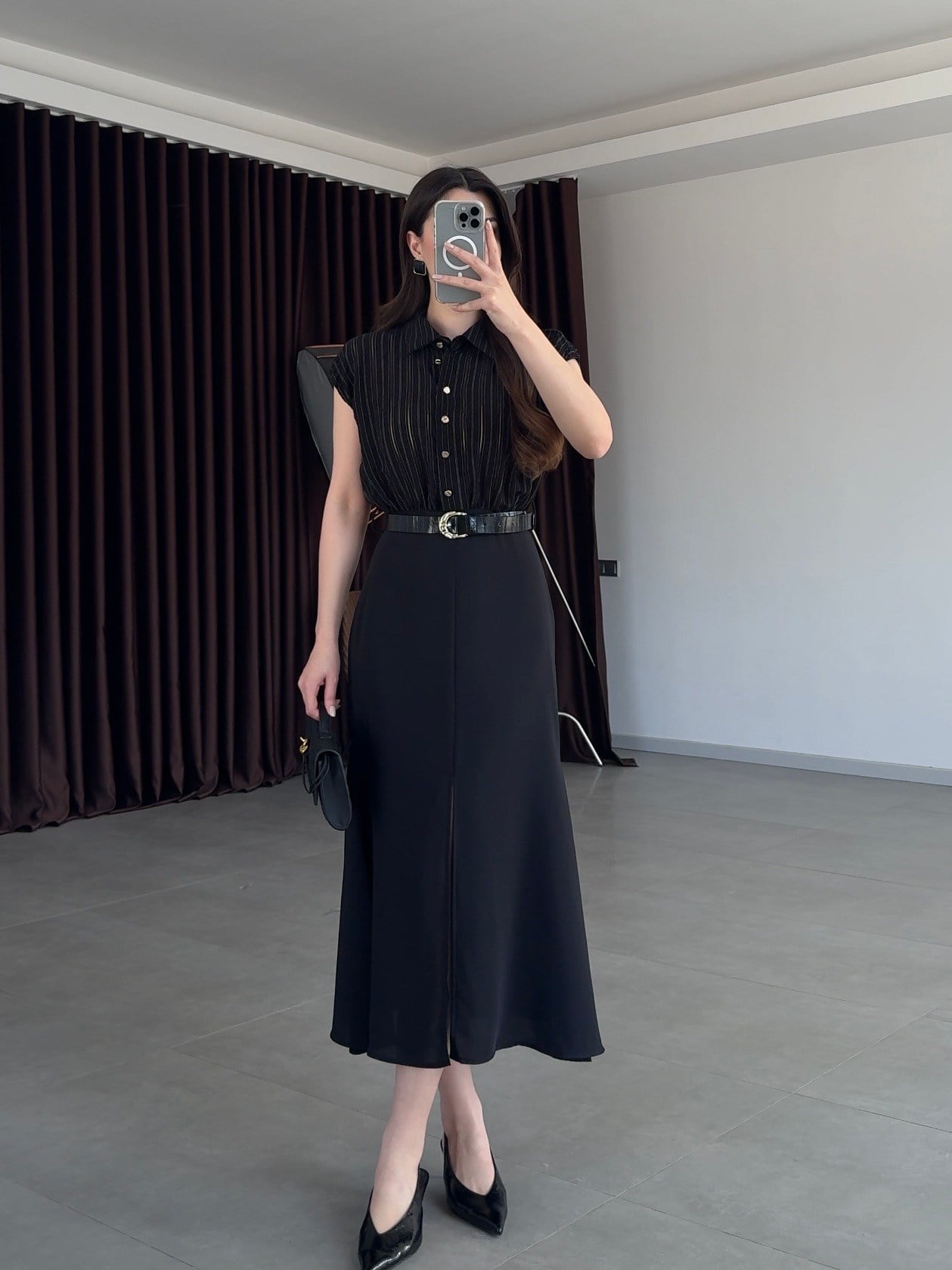 Gömlek Garnili Kemerli Elbise-Siyah