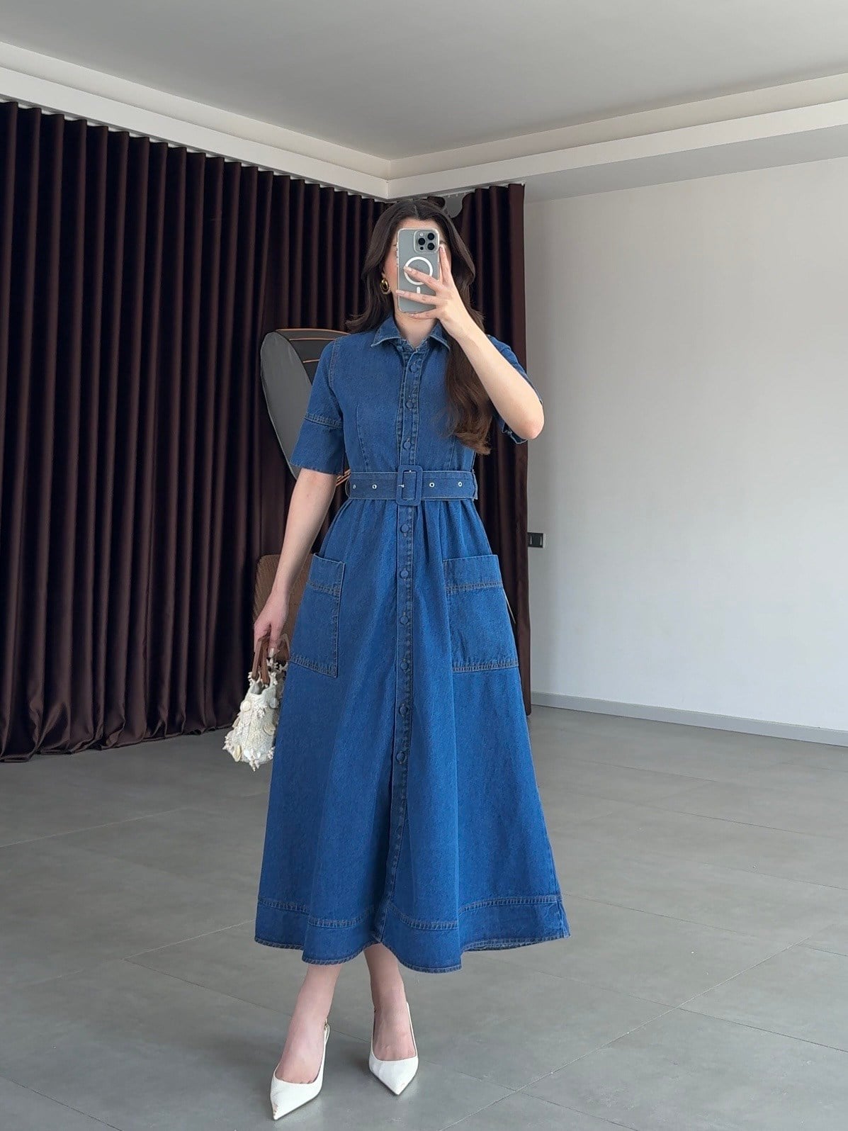 Mavi Yanları Cepli Kot Elbise 