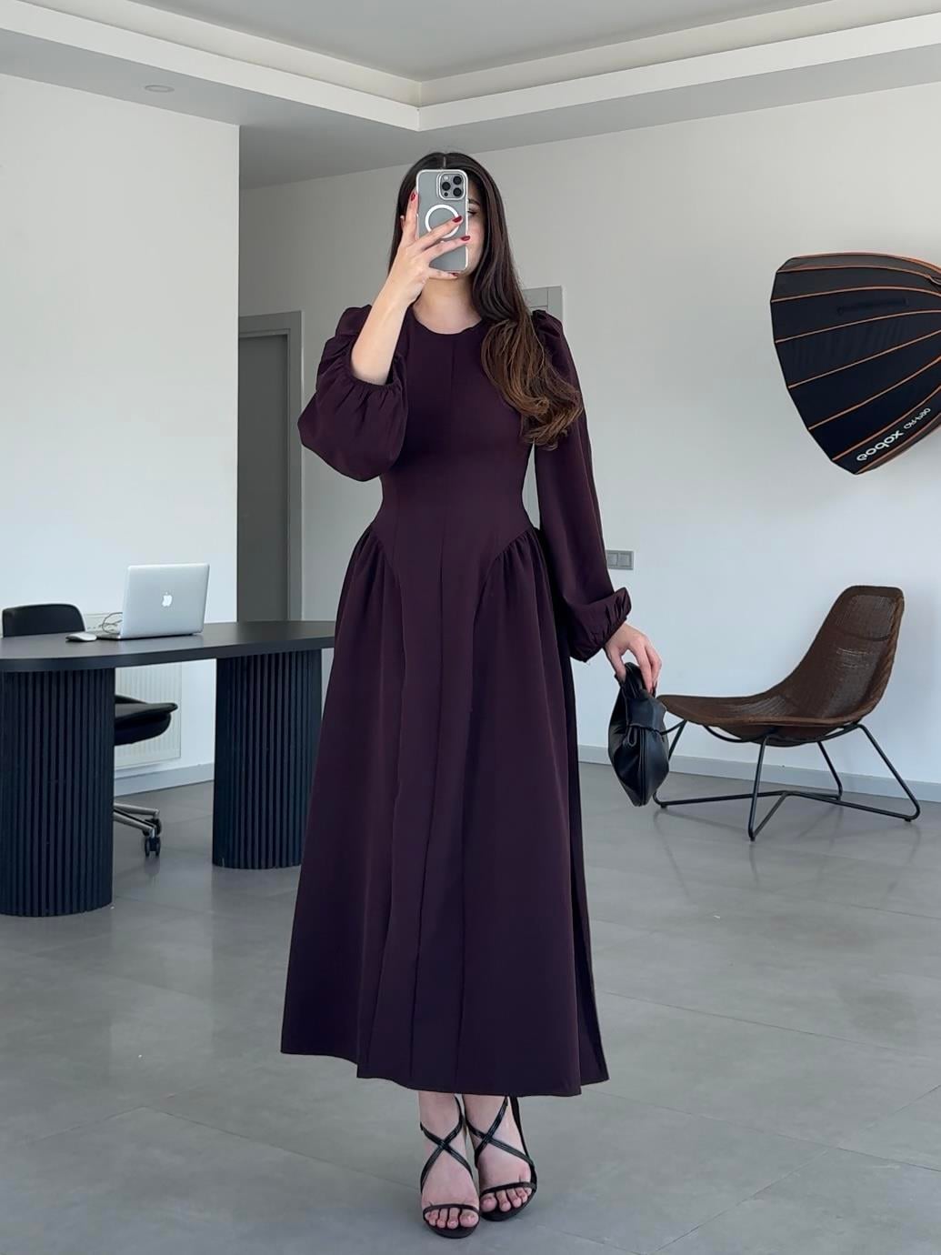 LORA ARKADAN BAĞLAMA DETAYLI ELBİSE- Kahve