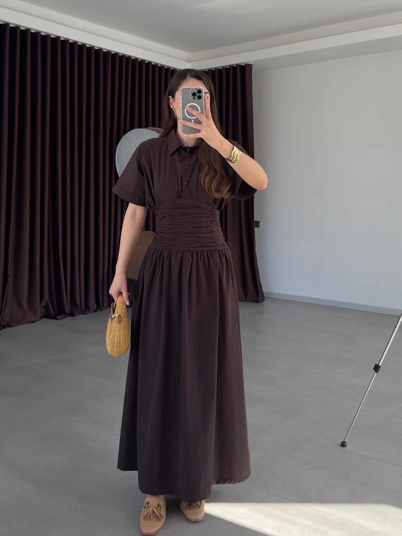 Gömlek Yaka Drapeli Uzun Elbise-Kahve