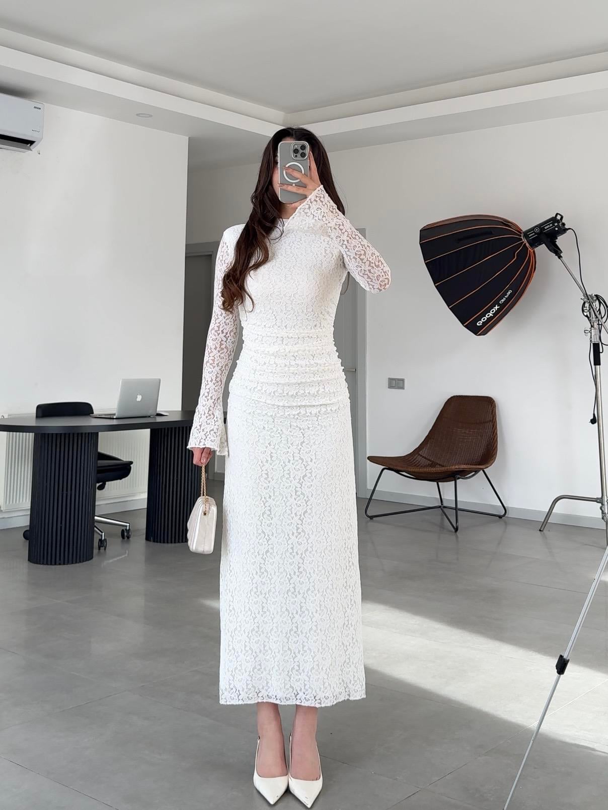 Poli Dantel Detaylı Elbise- Ekru