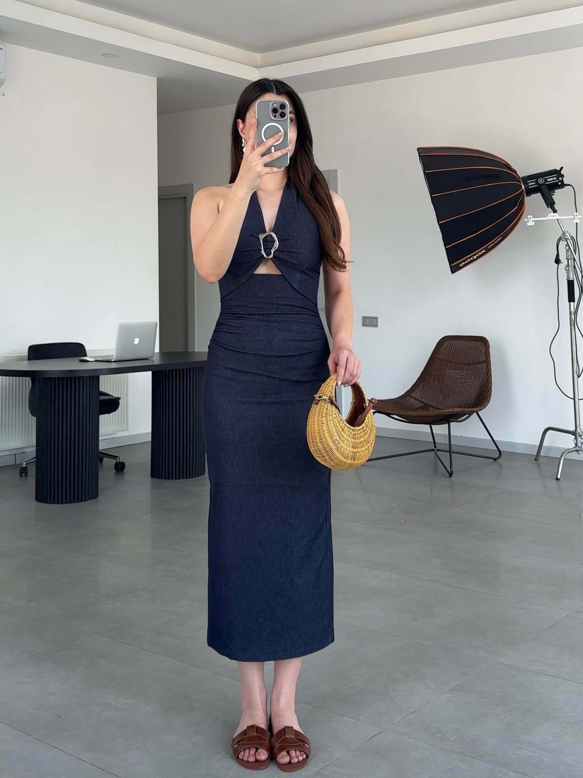 LACİVERT PENCERE DETAYLI DENİM ELBİSE