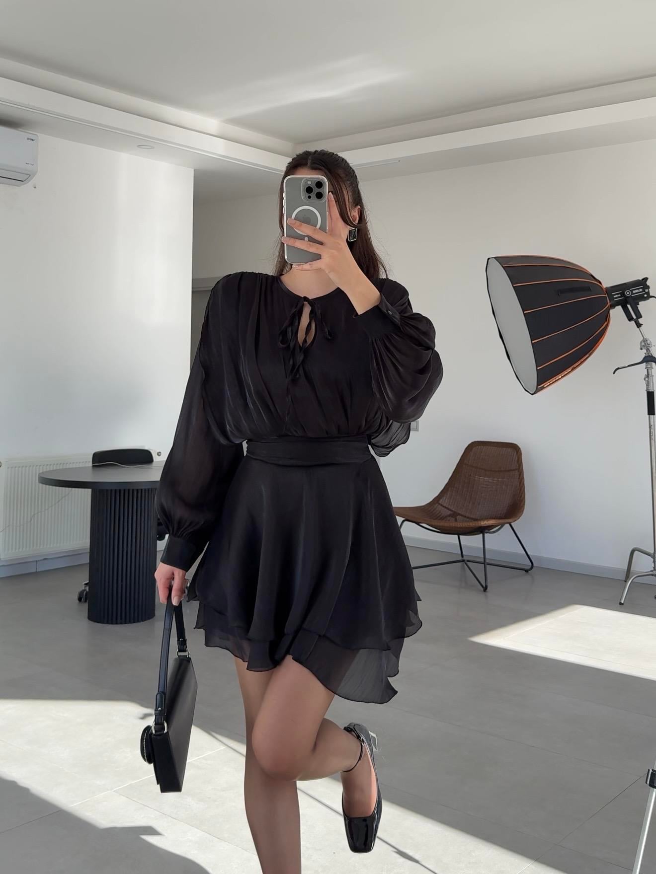 Rosa Vatkalı Jakarlı Tül Elbise- Siyah 