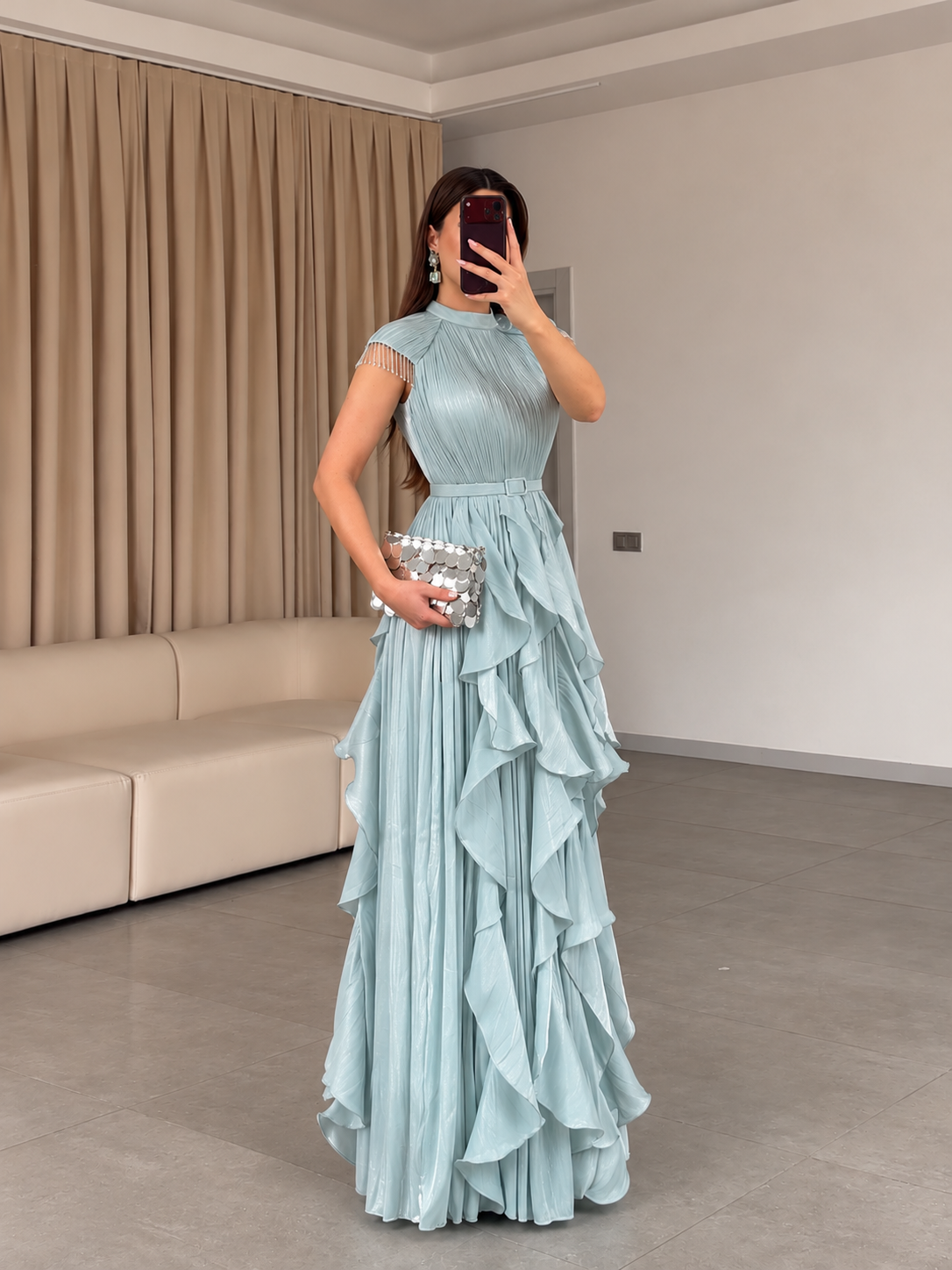 Nerissa Taş Saçaklı Omuz Detaylı Kemerli Volanlı Abiye Elbise- Mint Yeşili 