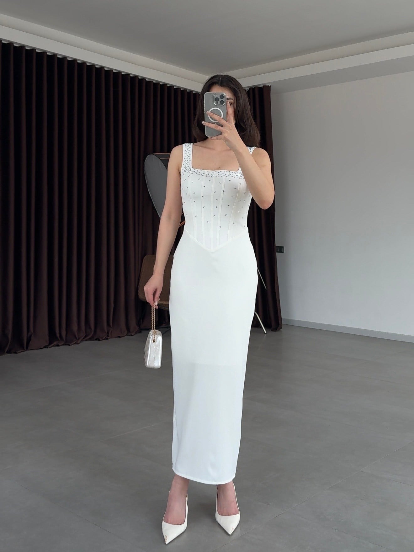 Romane Taşlı Tasarım Elbise- Beyaz