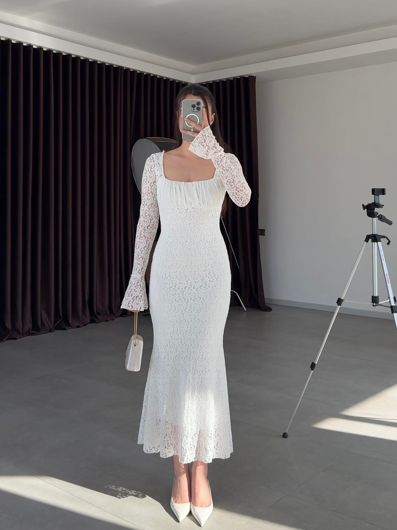 Porter Kare Yaka Dantel Elbise- Beyaz