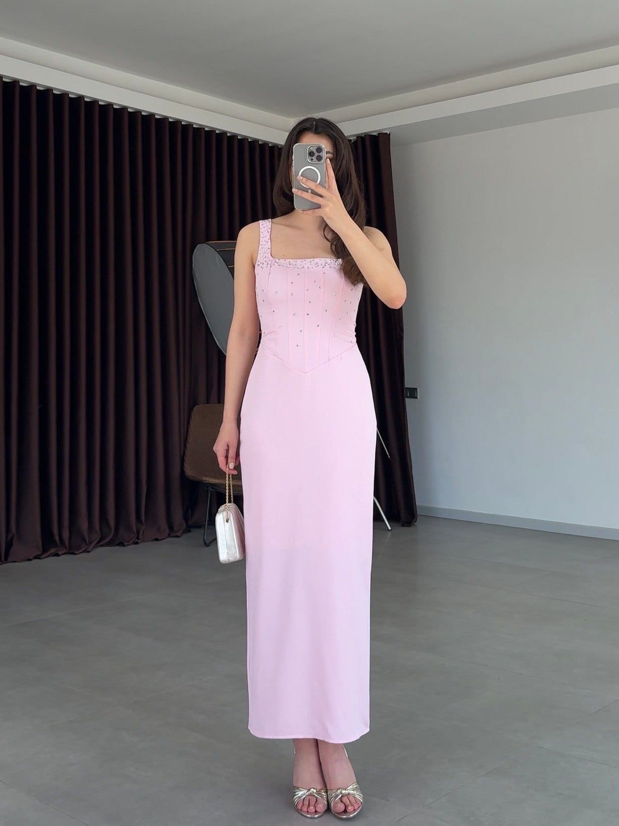 Romane Taşlı Tasarım Elbise- Pembe