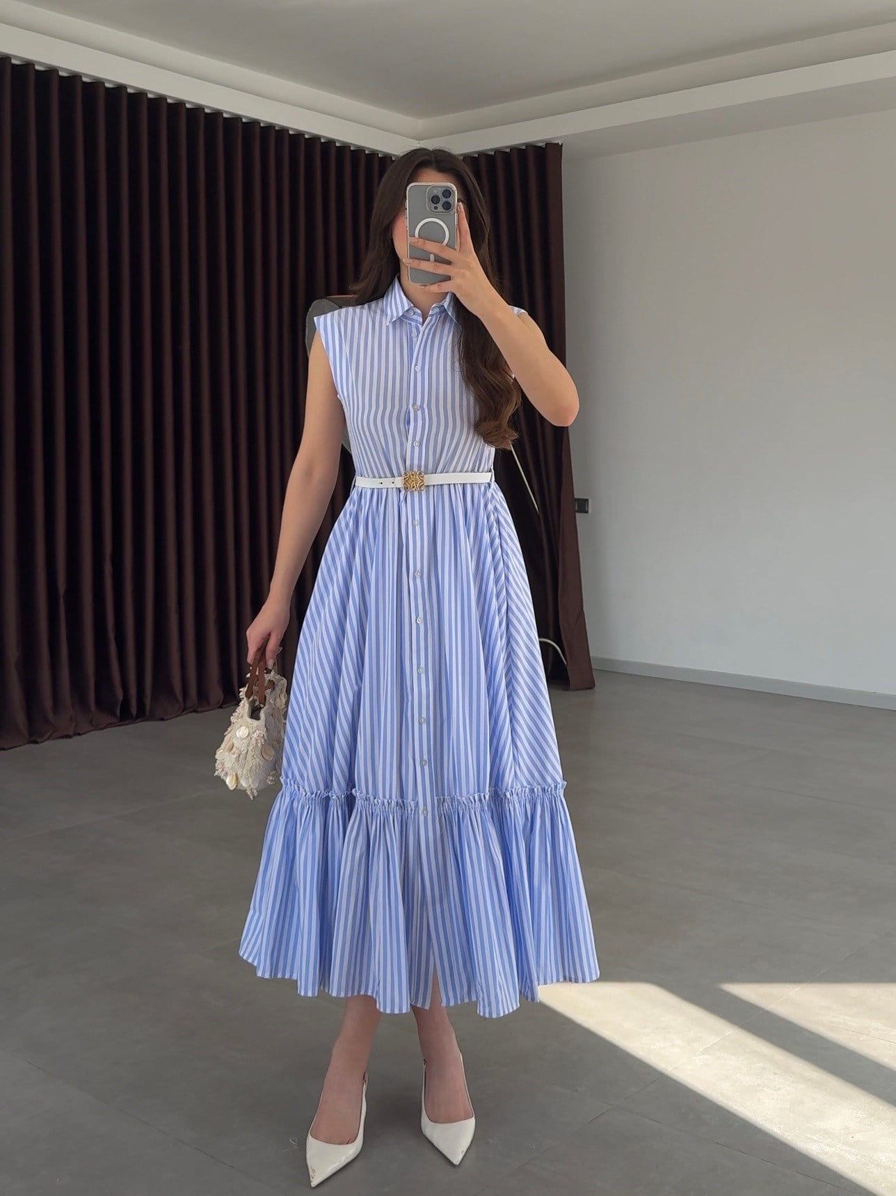 Mavi Çizgili Kemerli Elbise