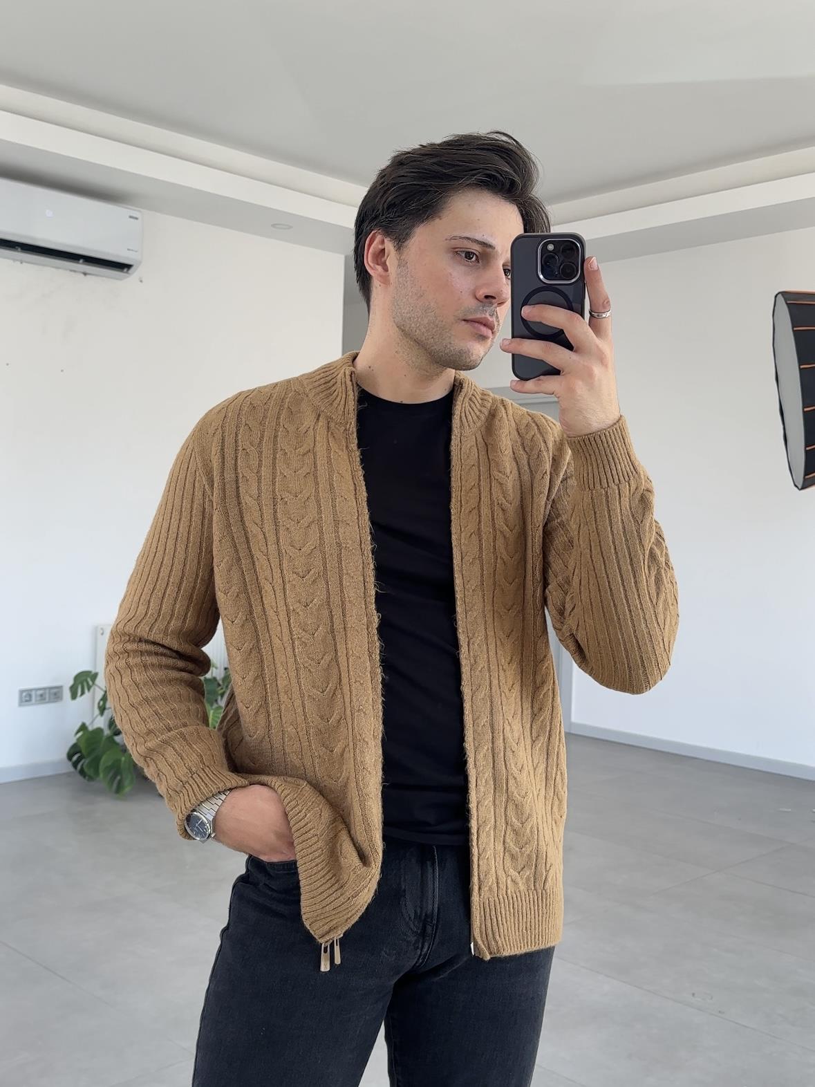 CAMEL ÖRGÜ DESENLİ FERMUARLI HIRKA
