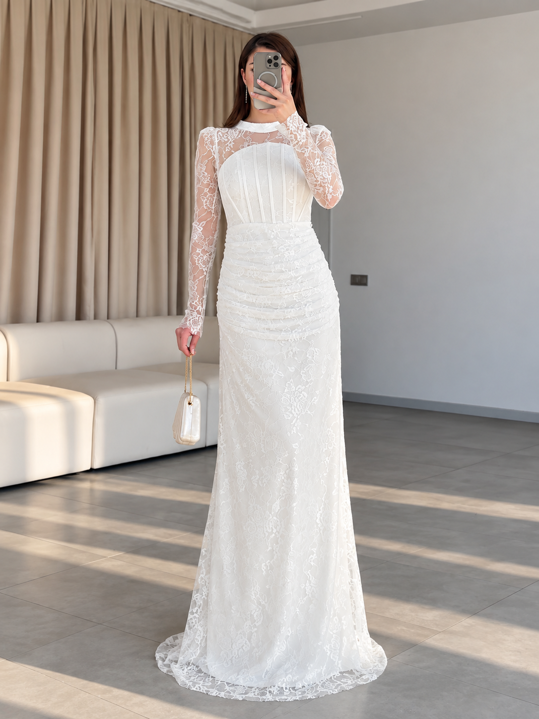 Lavinia Dantel Kollu Elbise- Beyaz 