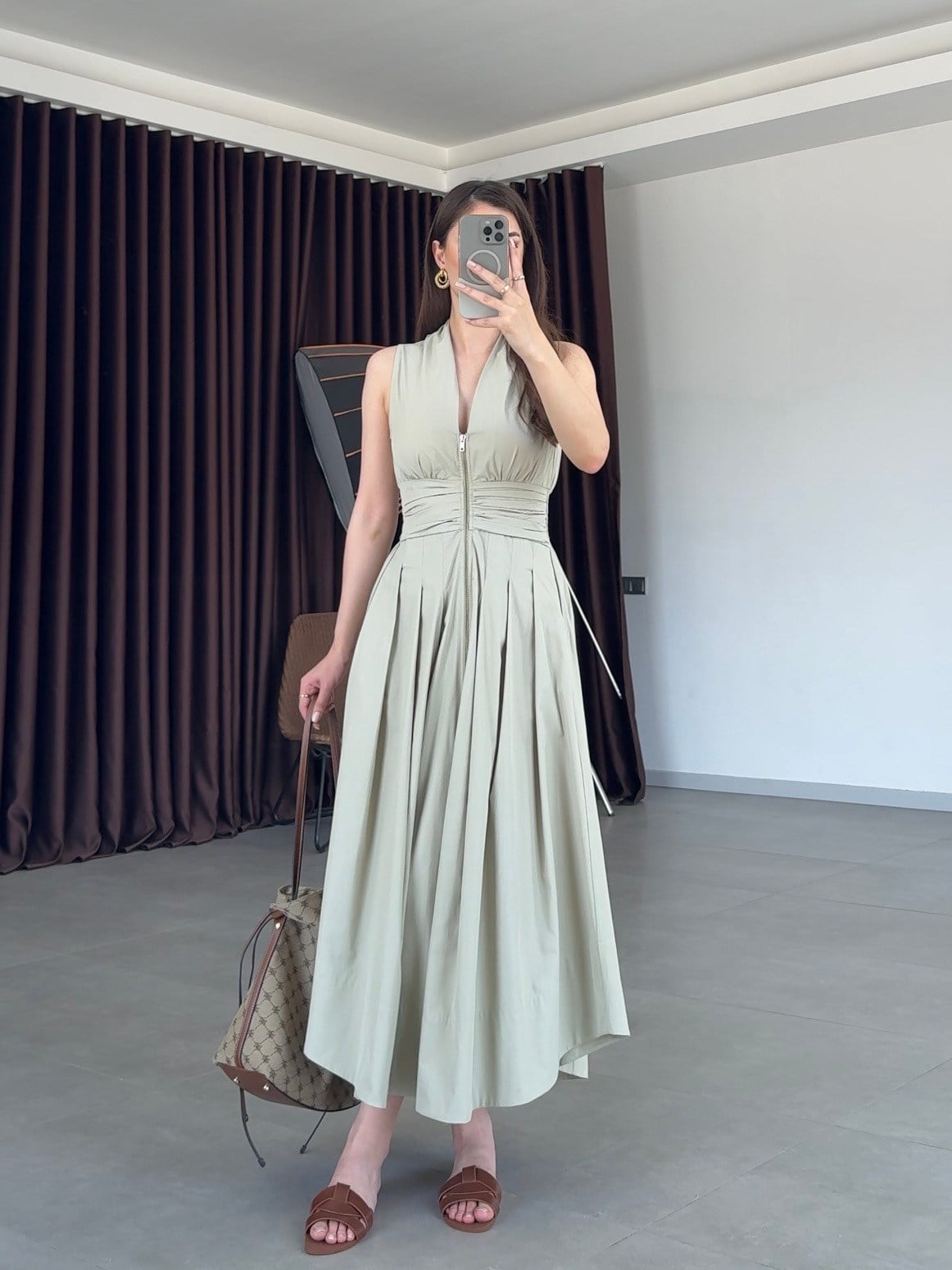 Olive Piliseli Cotton Midi Elbise