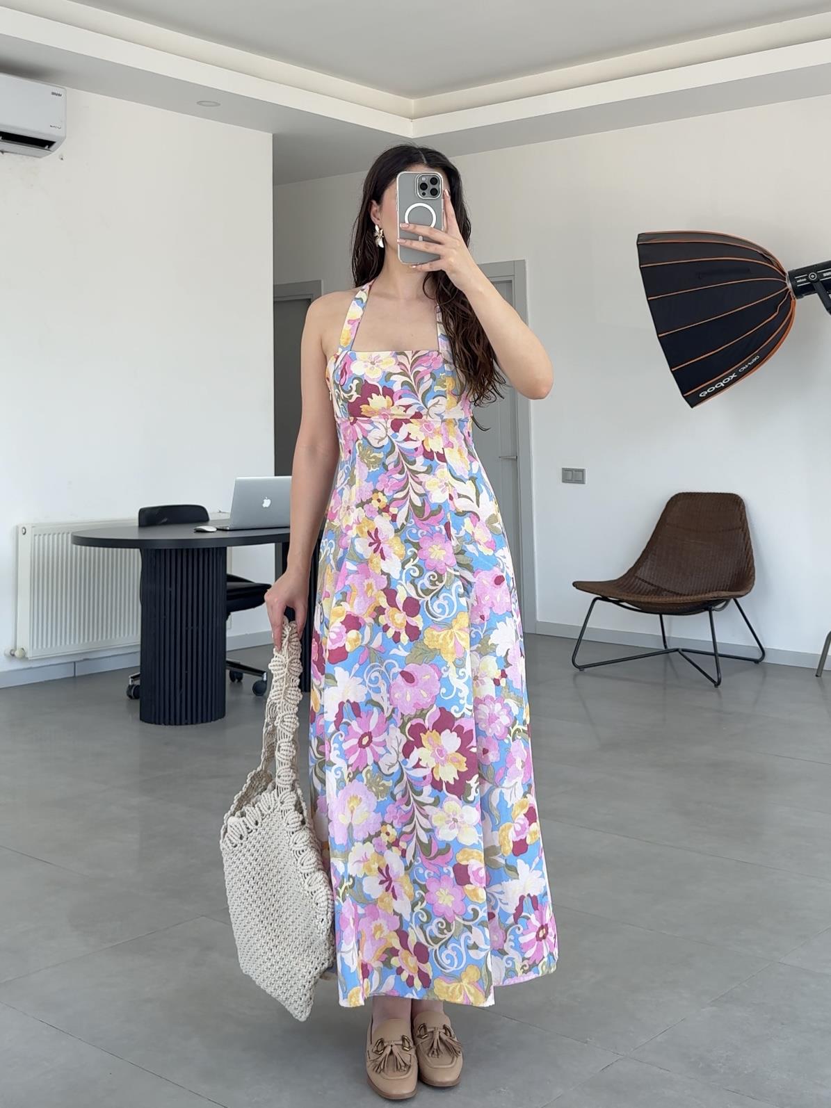 FLORAL DESEN KETEN DOKULU ELBİSE