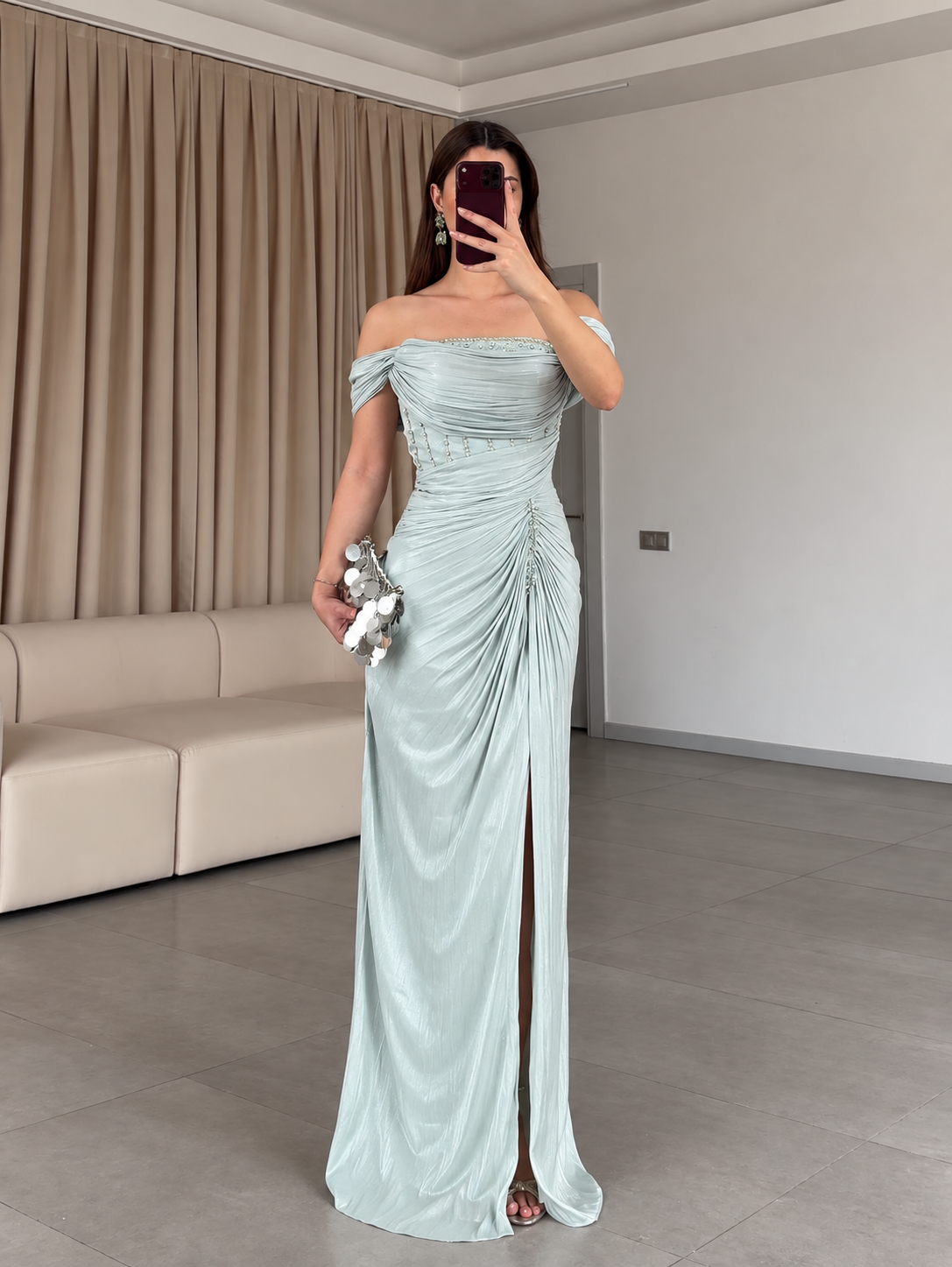 Velora Taş Detaylı Abiye Elbise- Mint Yeşili