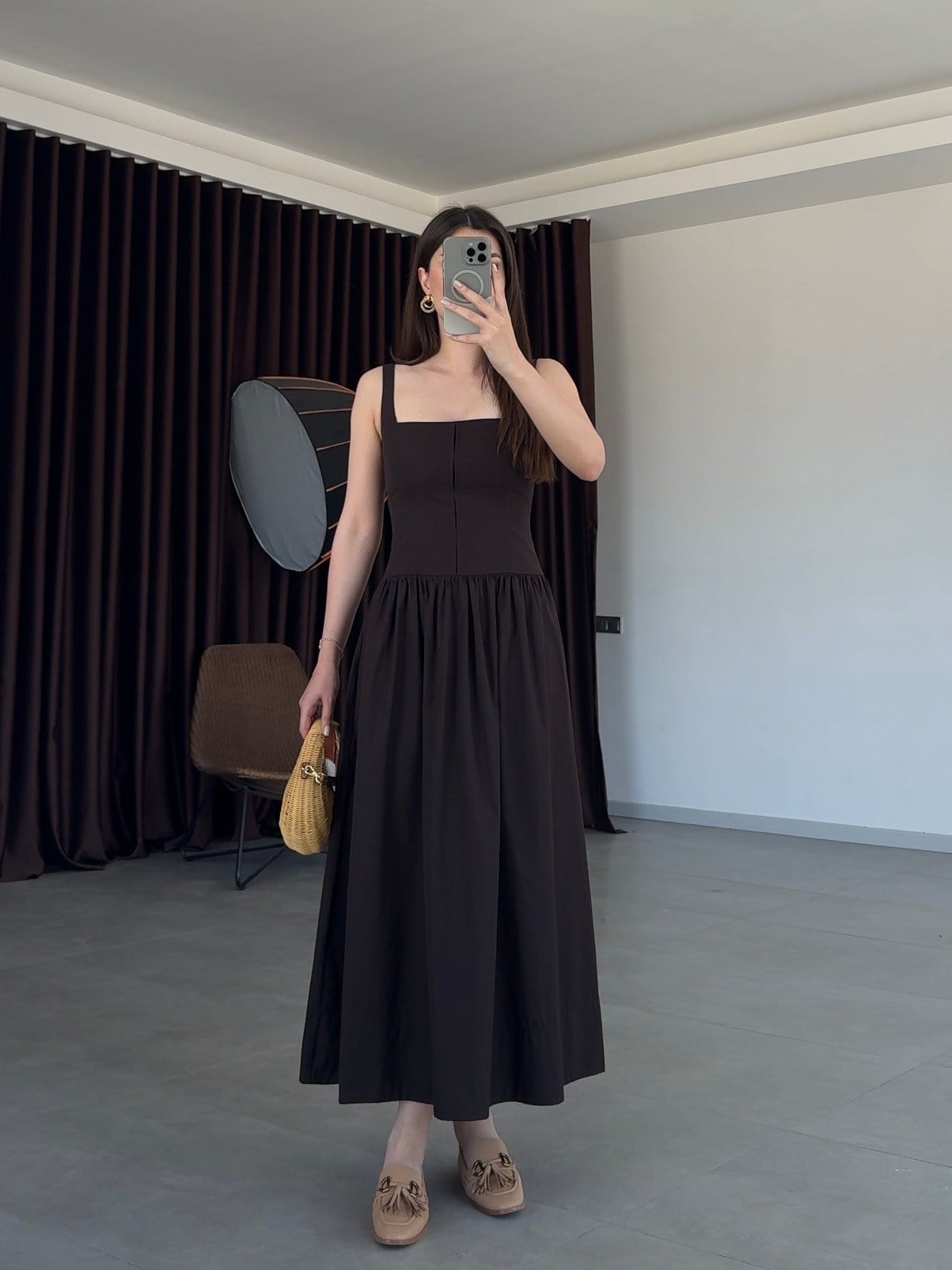 Kahve Askılı Cotton Midi Elbise