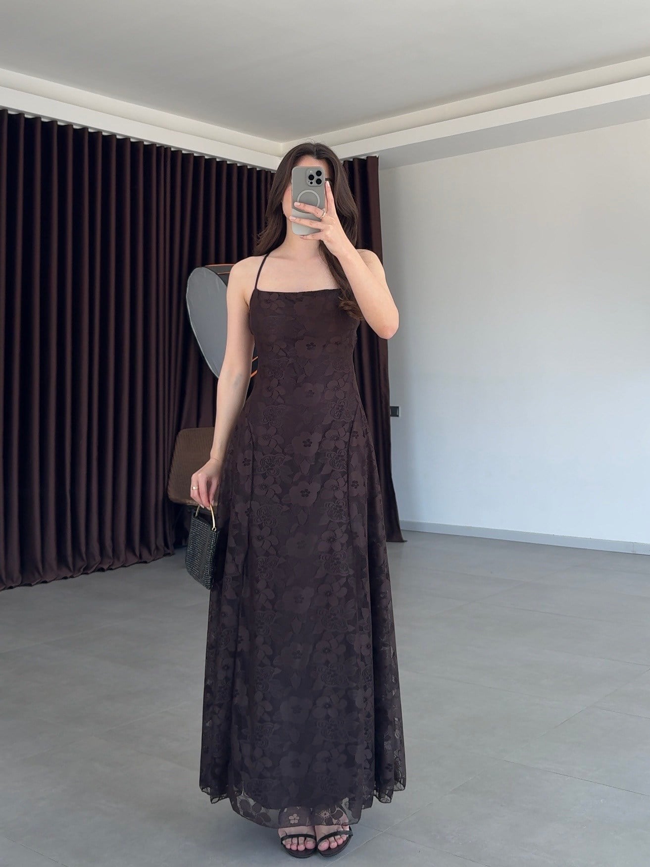 Acı Kahve Dantel Detaylı Maxi Elbise
