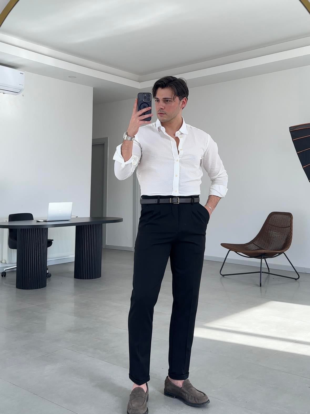 BEYAZ KABARTMA DETAYLI SLİM FİT GÖMLEK