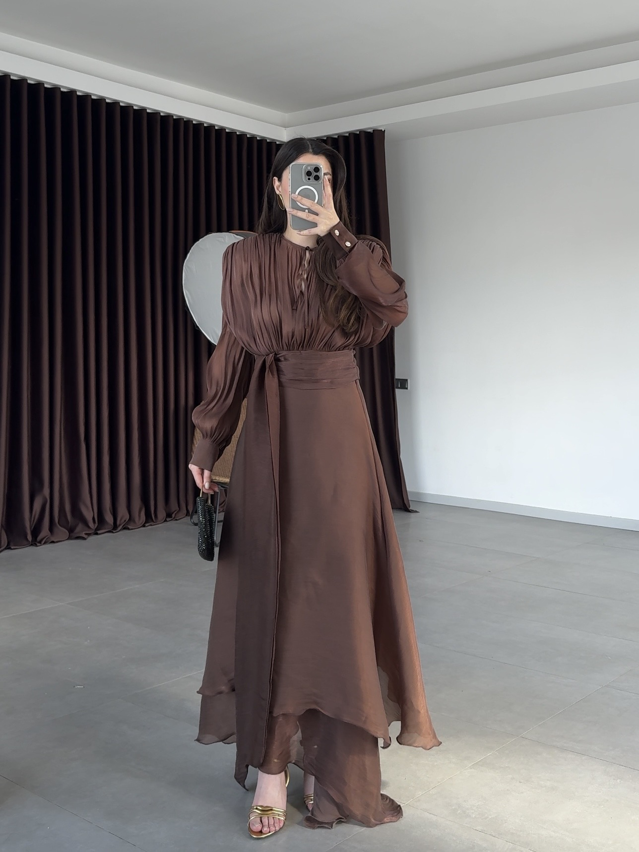 Kahve Jakarlı Maxi Elbise 