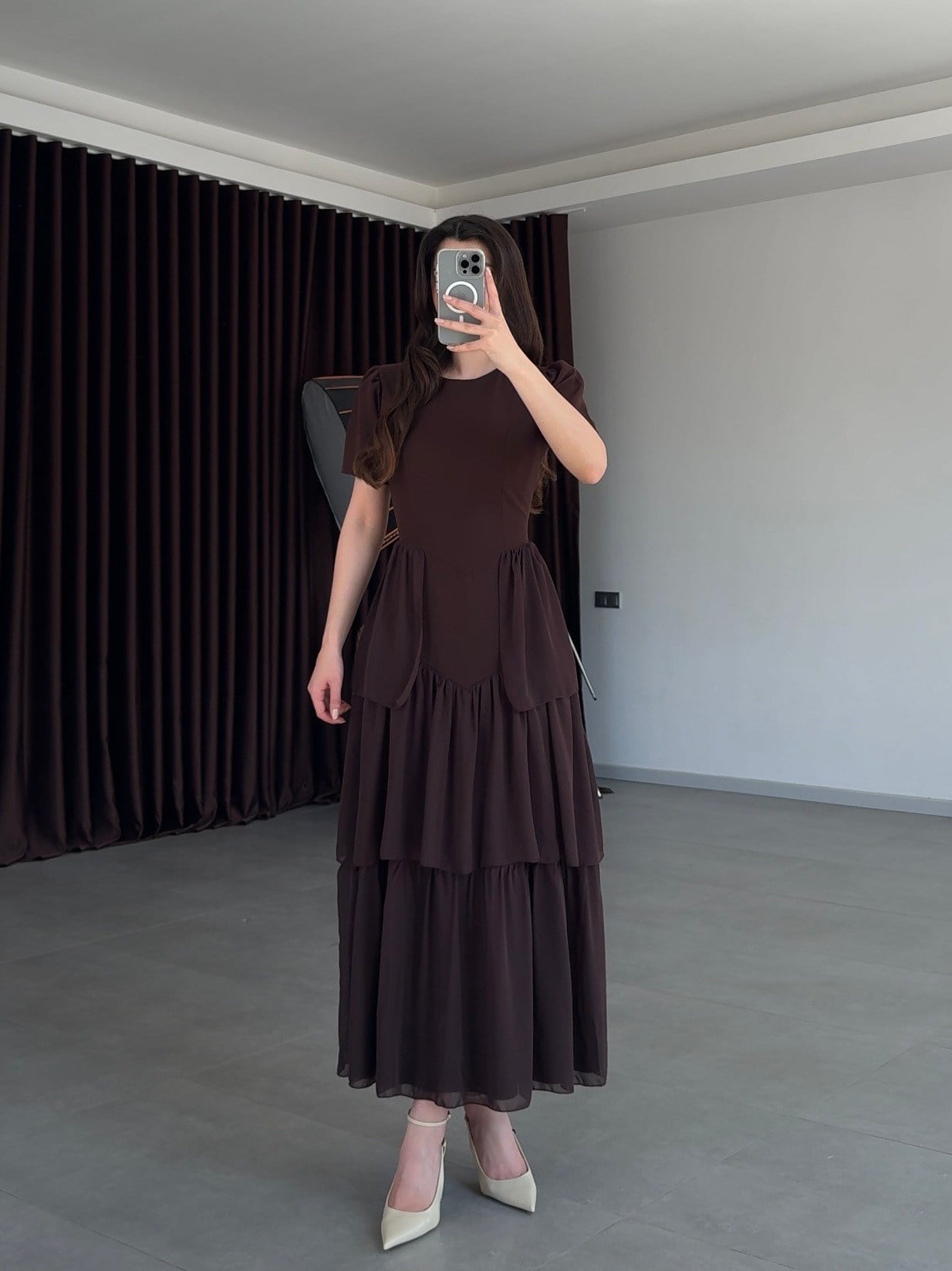 Pola Sırt Korsaj Detaylı Elbise- Kahve