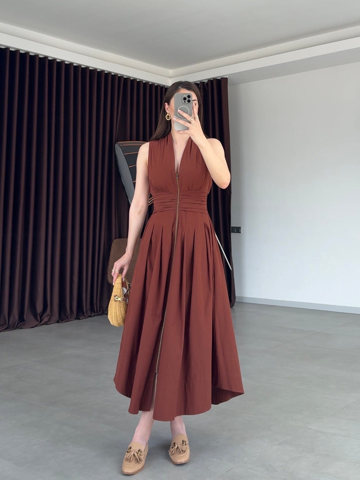 Tarçın Piliseli Cotton Midi Elbise