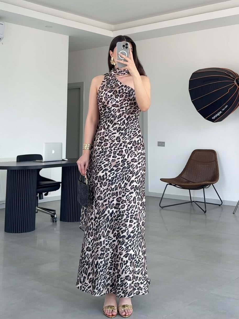 SATEN KUMAŞ ASTARLI ŞALLI ELBİSE- Leopar
