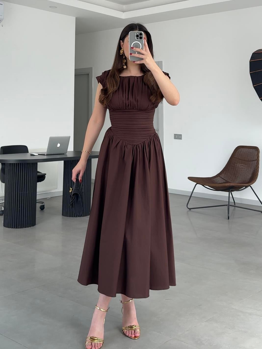 HOLLY VINTAGE ESİNTİLİ ELBİSE- Kahverengi