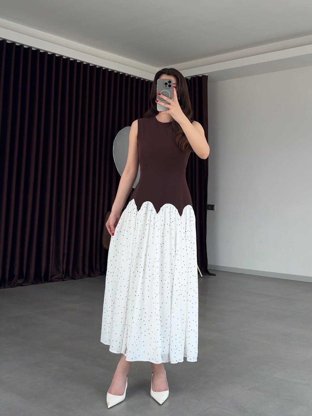 Fersa Puantiye Detaylı Elbise- Kahve