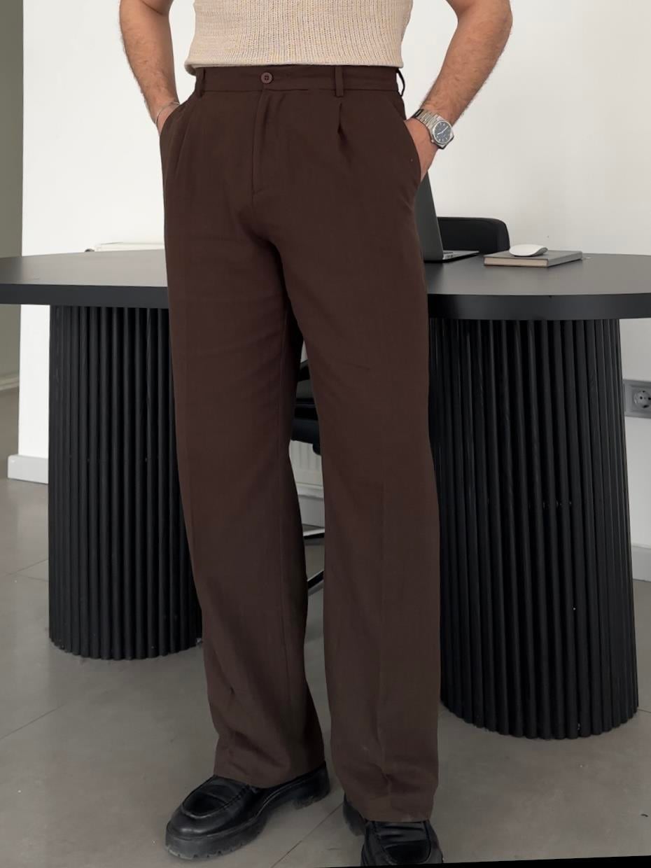 KAHVERENGİ KETEN KARIŞIMLI BAGGY PANTOLON