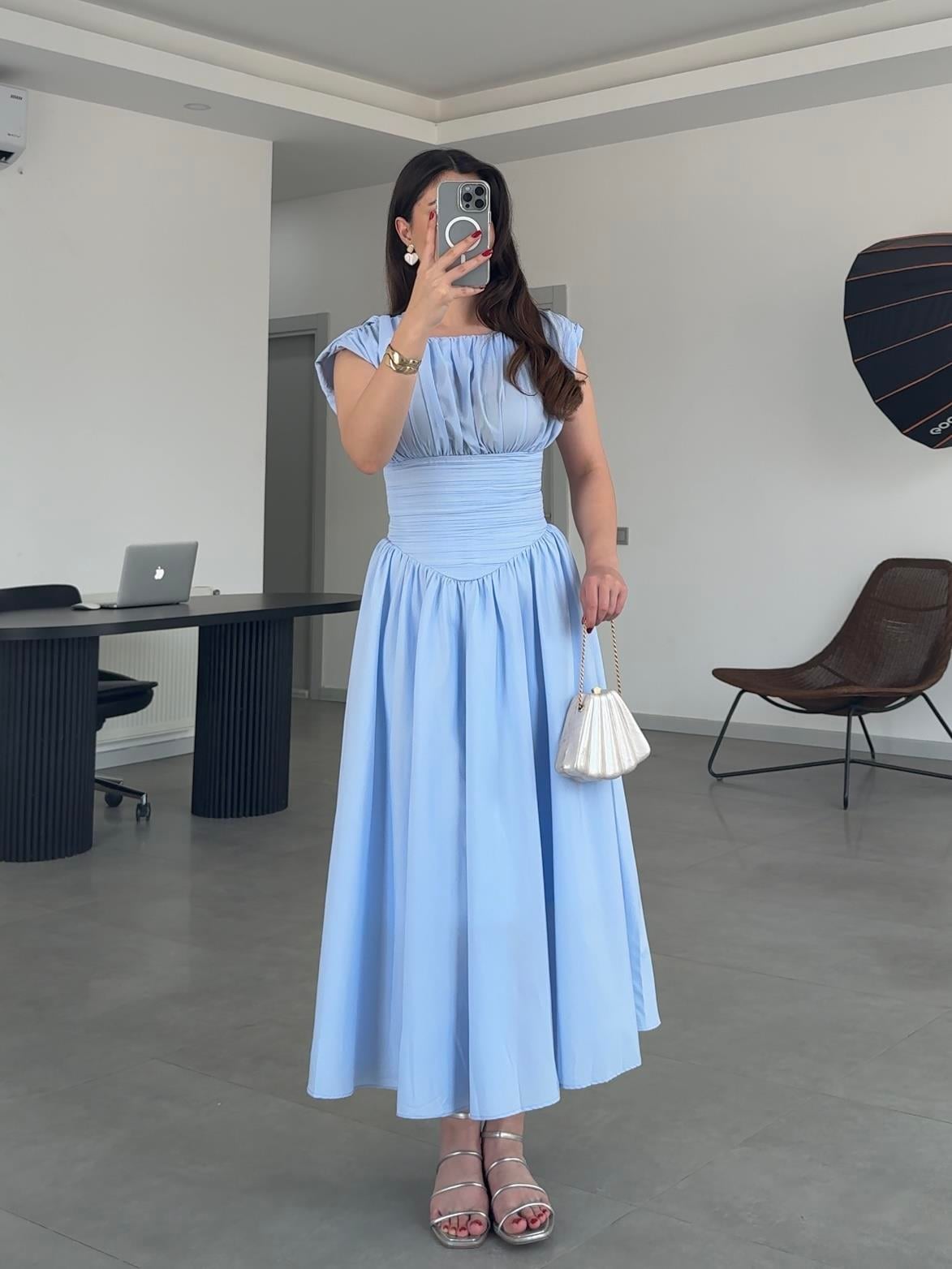 HOLLY VINTAGE ESİNTİLİ ELBİSE- Bebe Mavi