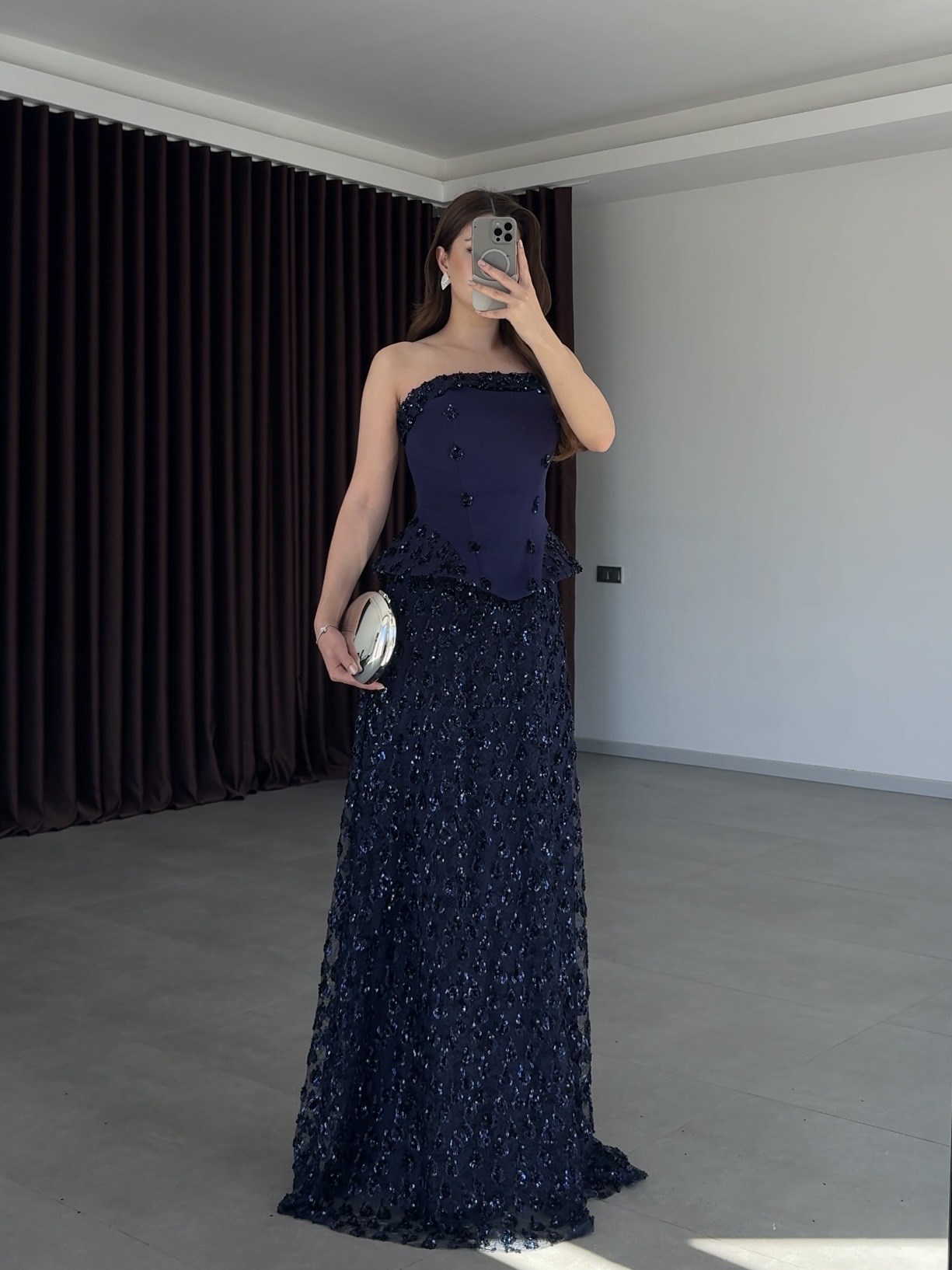 Serena Straplez Peplum Detaylı Taşlı Abiye Elbise- Lacivert