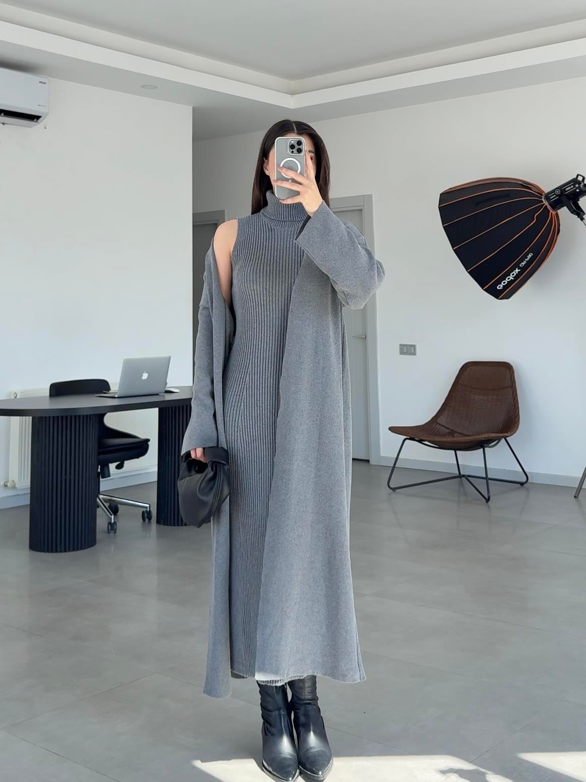 BOĞAZLI ELBİSE/ HIRKA TRİKO TAKIM- Antrasit