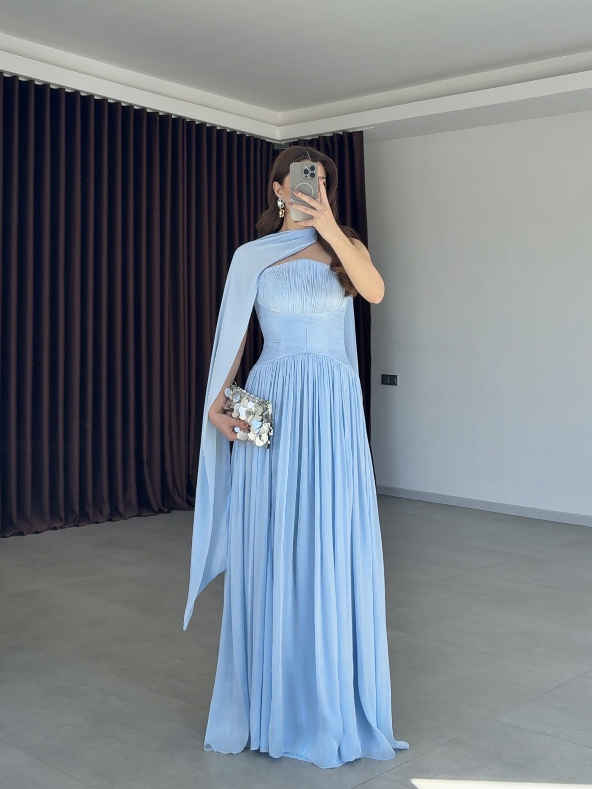 Mirella Şal Detaylı Piliseli Abiye Elbise- Bebe Mavi