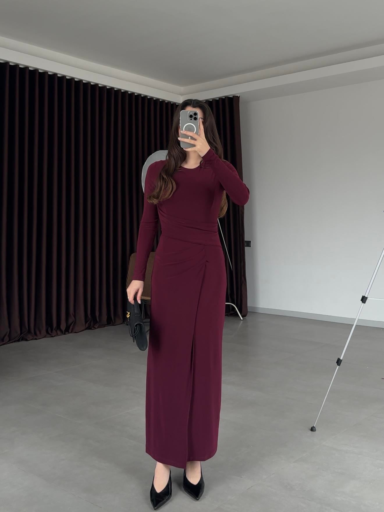 Bordo Önü Drapeli Yırtmaçlı Elbise
