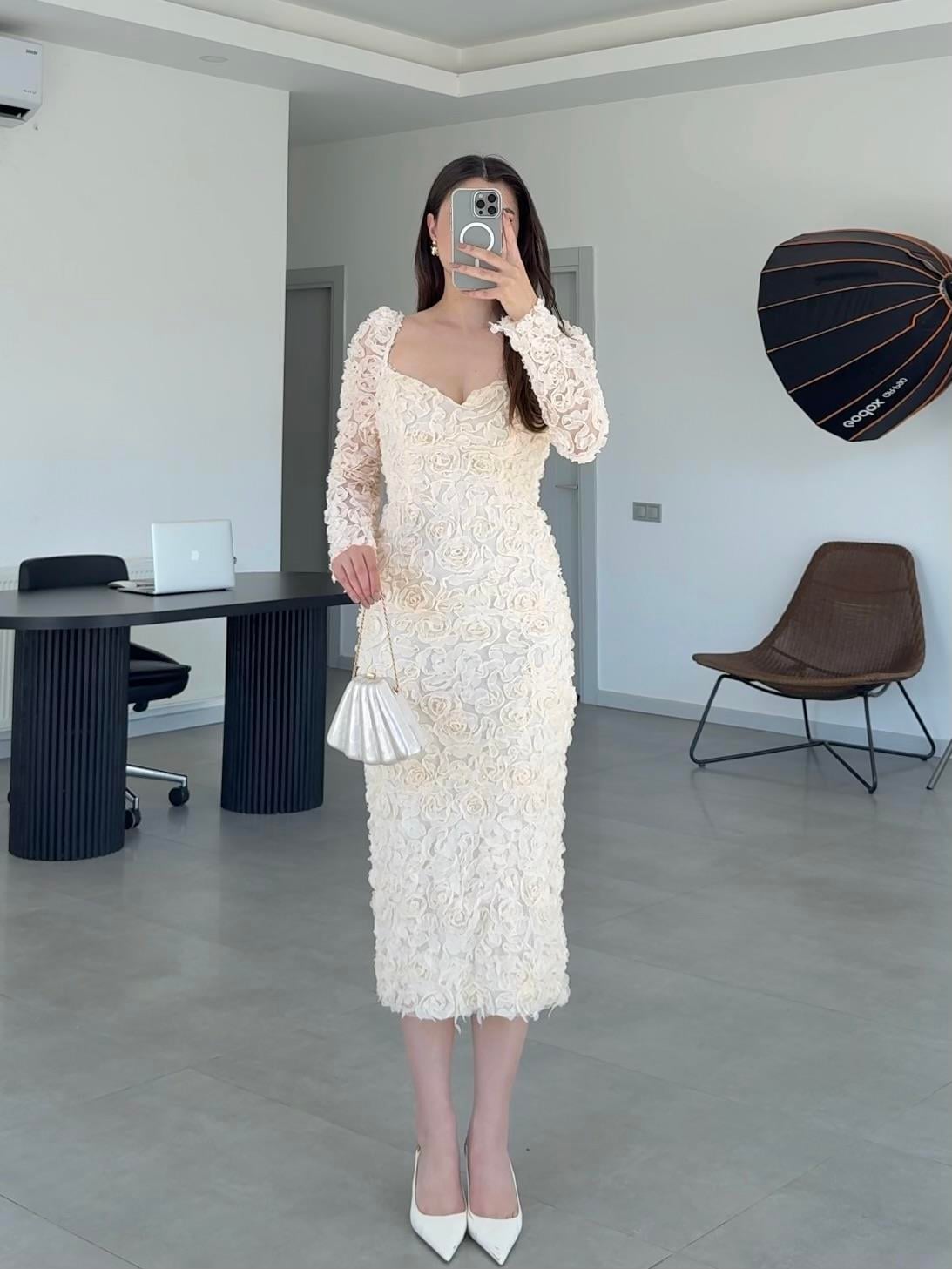 FOLERS ÇİÇEK DESENLİ ELBİSE- Ekru