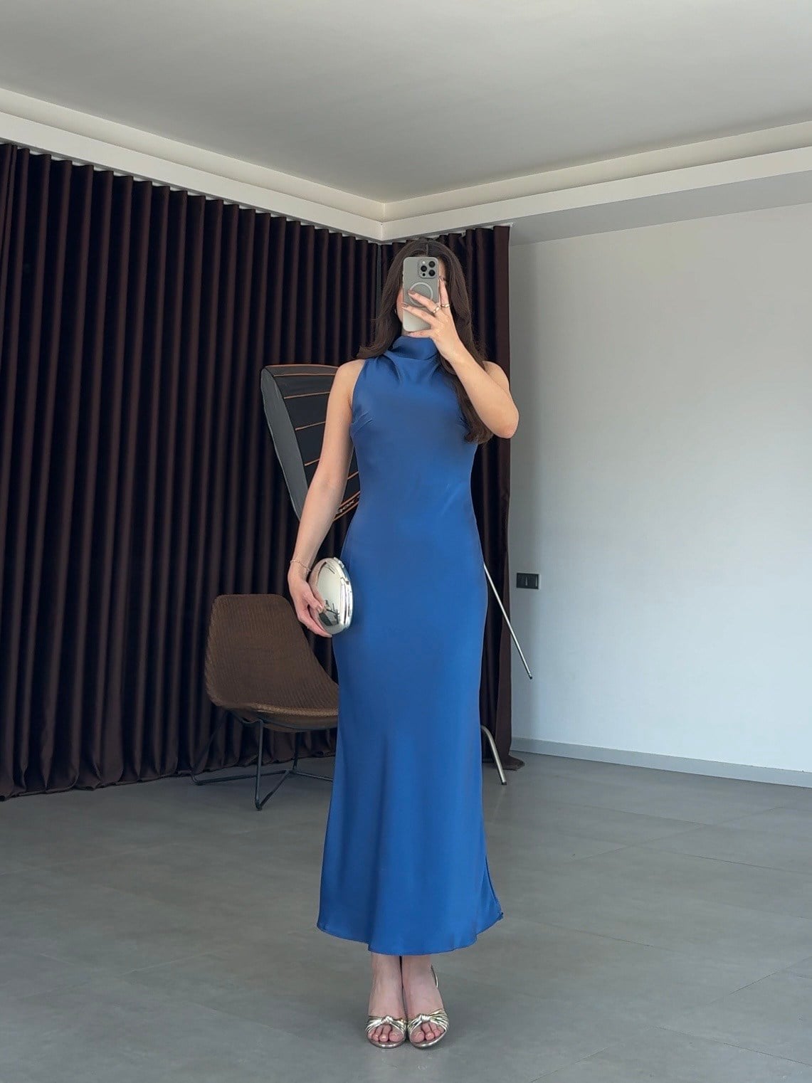 Nadia Drapeli Saten Maxi Elbise- Mavi