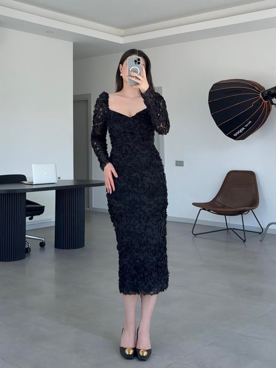 FOLERS ÇİÇEK DESENLİ ELBİSE- Siyah