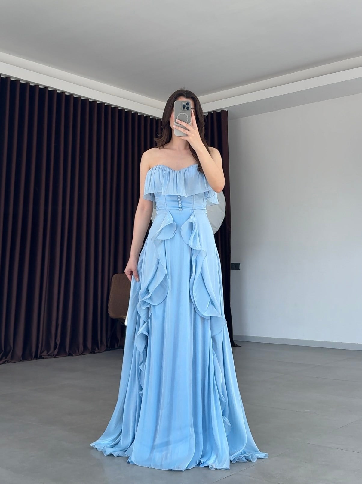 Butterfly Straplez Volanlı Yırtmaç Detay Şifon Bebe Mavisi Uzun Abiye