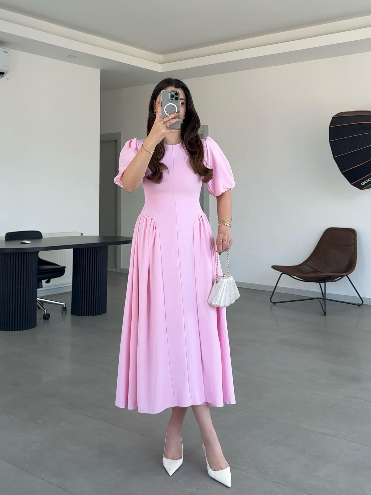 BELLE ARKADAN BAĞLAMALI ELBİSE- Pembe